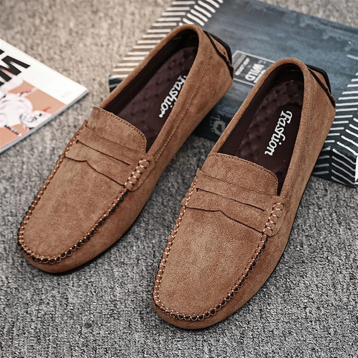 WOUND Mens Loafers Shoe Suede Vamp Penny Loafer Stitching Details Round Toe Comfortable Slip Resistant Flat Heel Flexible Lightweight Classic Slip-ons (Color : Apricot Yellow, Size : 8)